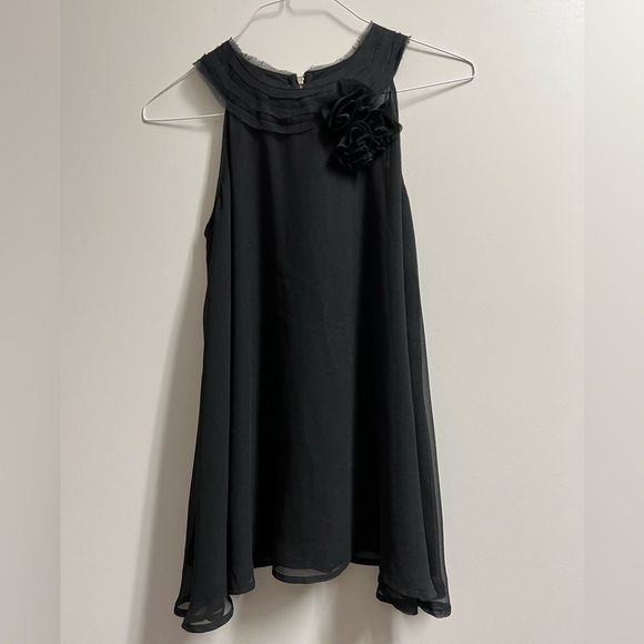 Black Sleeveless Blouse with Flower Ruffle and High Neckline Size Small - Picture 1 of 6